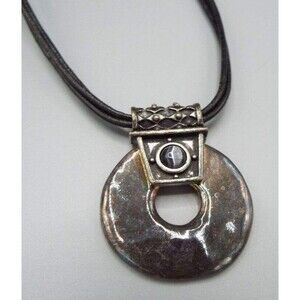 Chico's Gunmetal Gray Circle Tribal Pendant Black Leather Cord 21.5" Necklace